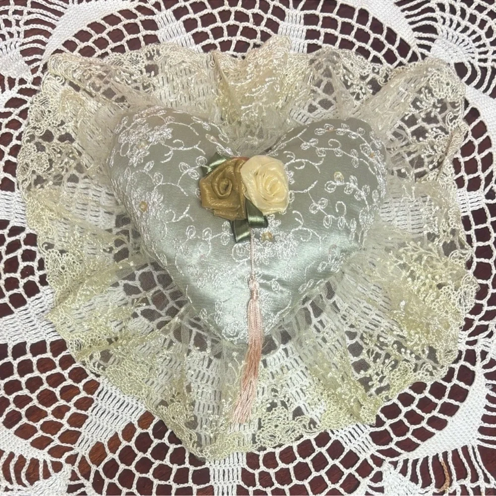 Victorian French Lover Lace Heart Pillow Hand Crafted Vintage Cottage Decor Pink